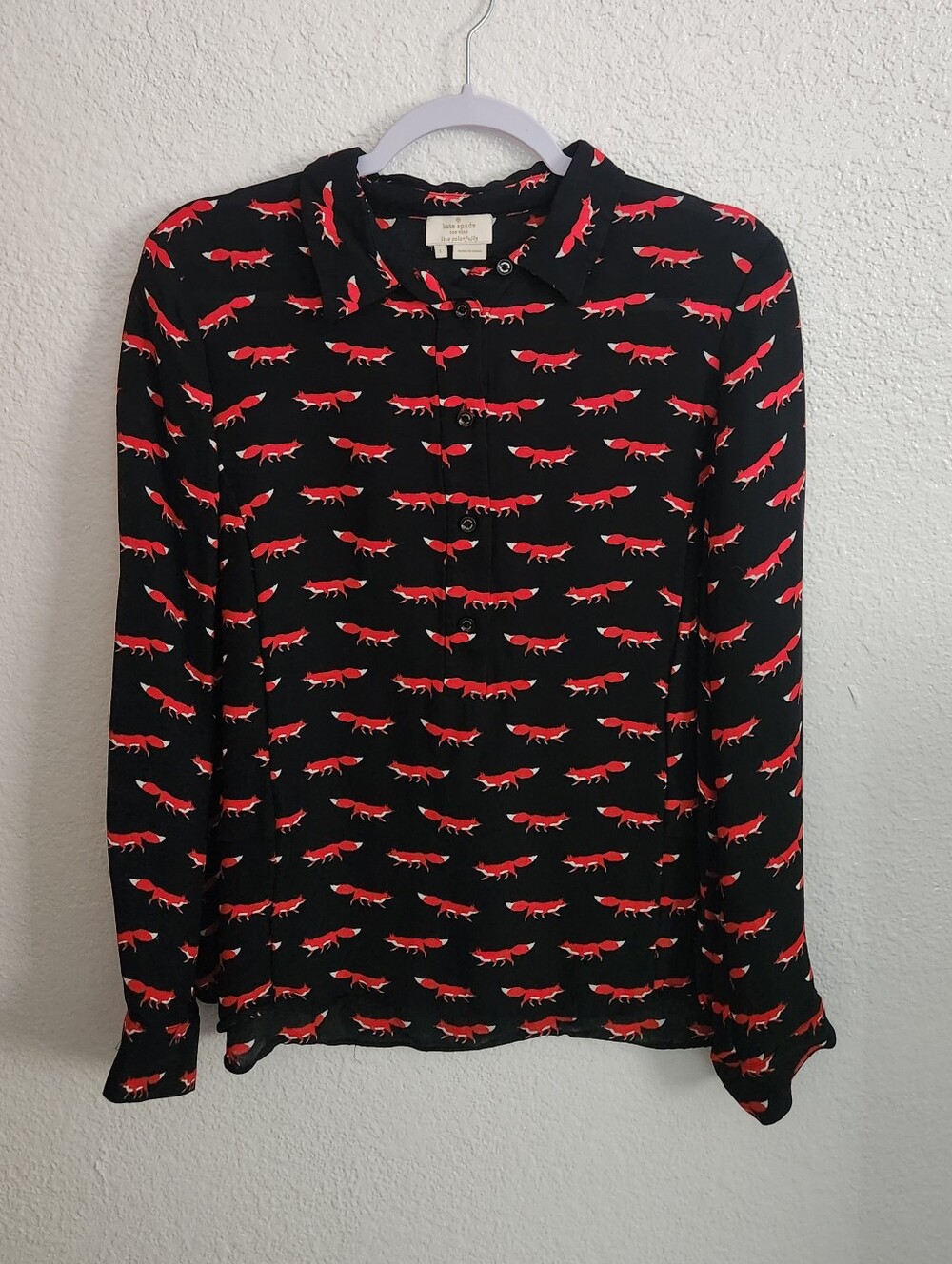 Kate Spade "On The Sly" Fox Print Long Sleeve Blouse